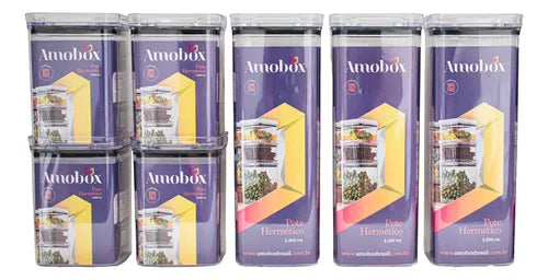 Kit 7 Potes Herméticos Mantimentos Quadrado Cozinha Tampa Hermética Amobox