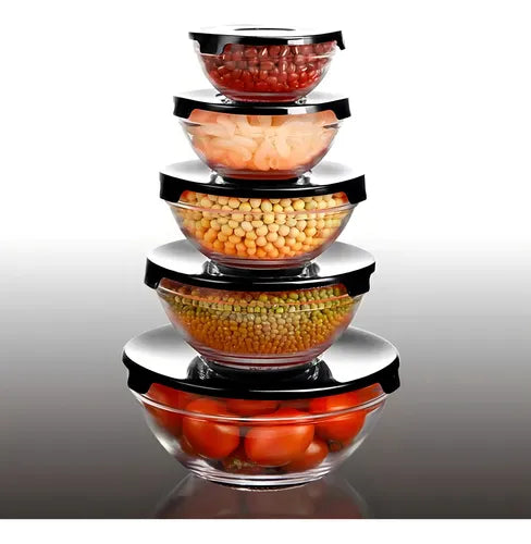 Jogo 5 De 5 Potes Vidro Tampa Plastico Bowls Hermetico Cor Transparente