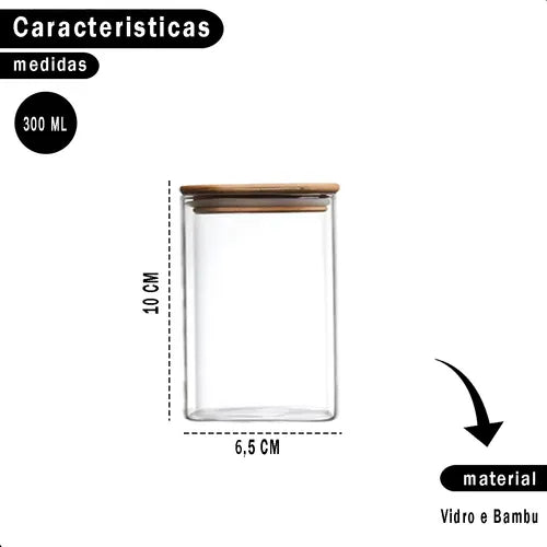 Jogo 10 Potes Hermeticos Vidro Tampa Bambu 300ml Mantimentos