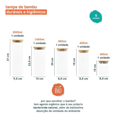 Potes De Vidro Pra Mantimentos Com Tampa Bambu Oikos COZ01557 5 Pçs Cor Marrom-claro