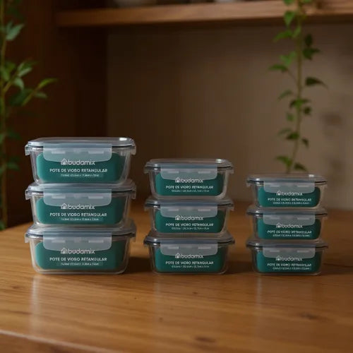 Kit 9 Potes Vidro Hermético Tampa Com 4 Travas Marmita Fit