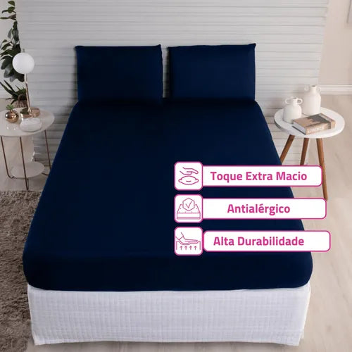 Kit Jogo Lençol Casal Elástico E Fronhas 3pçs 400 Fios Hotel