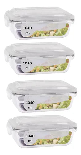Kit 4 Potes 1040ml Hermético Vidro Marmita Com 4 Travas