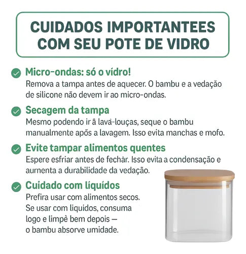 Kit 3 Potes Herméticos De Vidro Mantimentos Com Tampa Bambu