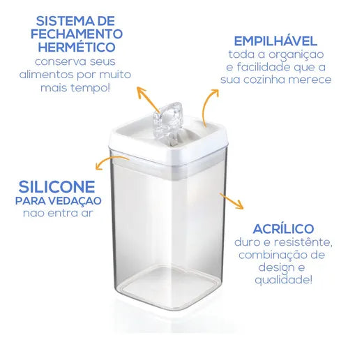 Kit 2 Potes Mantimento Cozinha 1,7l Hermetic C/ Tampa Trava Cor Transparente
