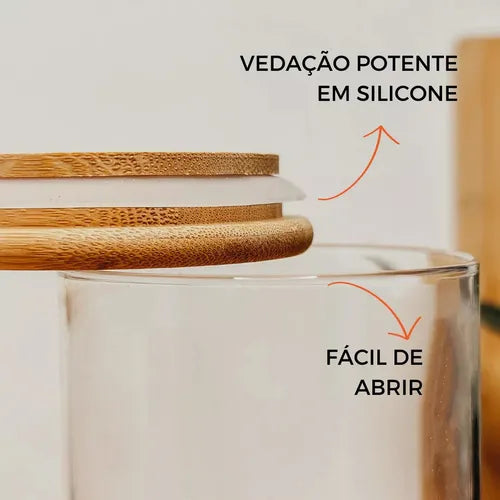Kit 3 Potes De Vidro Hermético C/ Tampa De Bambu 350ml