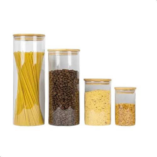 Kit 4 Potes Herméticos De Vidro E Tampa De Bambu Massas Condimentos Temperos