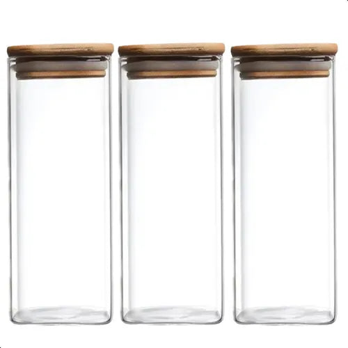 Kit 3 Potes Mantimentos Vidro Herméticos Com Tampa Bambu Condimentos Alimentos Organizadores Empilhável
