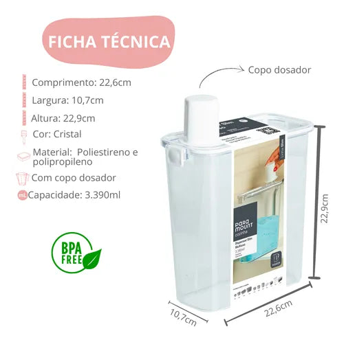 Pote Dispenser Multiuso Slim Com Copo Dosador Paramount