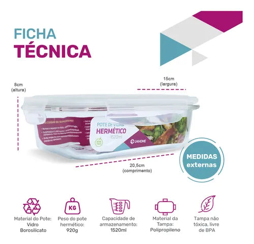 Kit 4 Potes Vidro Hermético Retangular 1520ml Grande Cor Branco Nabox