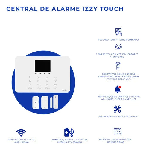 Kit Central De Alarme Izzy Touch Wifi 433mhz Segurança Agl