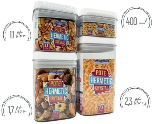 Kit 4 Potes Herméticos Acrílico Quadrado Com Tampa Preta Cor Transparente