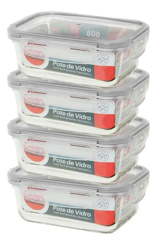 Conjunto C/4 Potes De Vidro Hermético Marmita 600ml C/ Trava Cor Vermelho