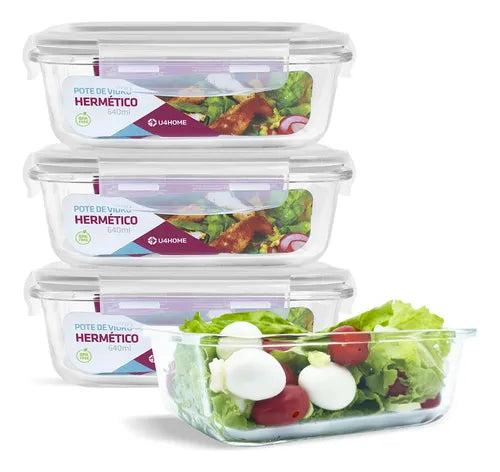 Quentinha Silicone Conjunto 4 Potes Vidro Hermético Marmita Mantimentos 640ml Cor Branco