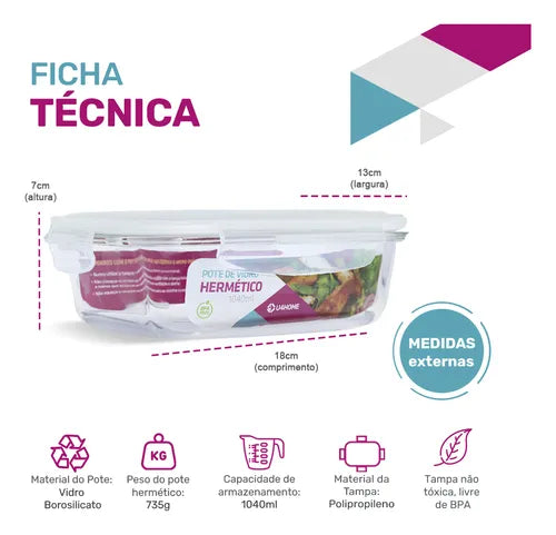 Kit 3 Potes Vidro 1040ml Marmita Hermetico Cor Branco U4home