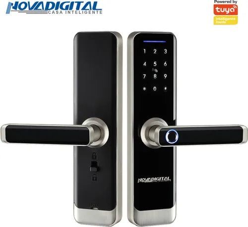 Fechadura Inteligente Wifi Biométrica Eletrônica Digital Touch NovaDigital SL06 Tuya Smart Life Preto Prata