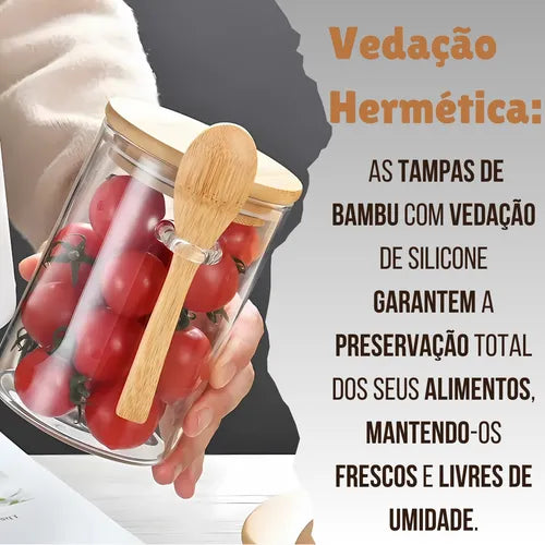 2 Potes De Vidro Hermético Colher Bambu Açucareiro E Saleiro