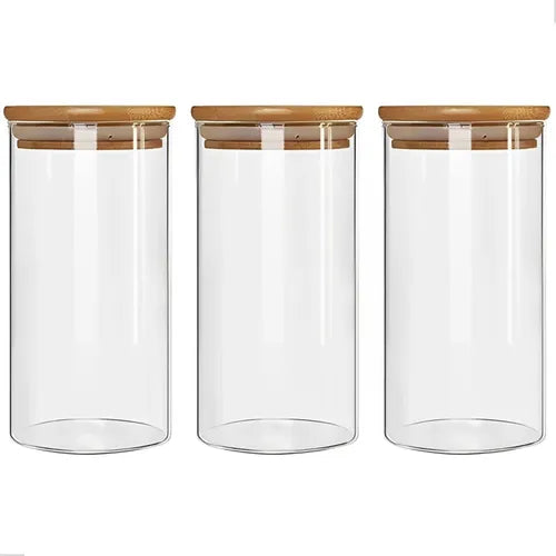 Kit 3 Pote Hermético Vidro Tampa Bambu 1000ml Mantimentos