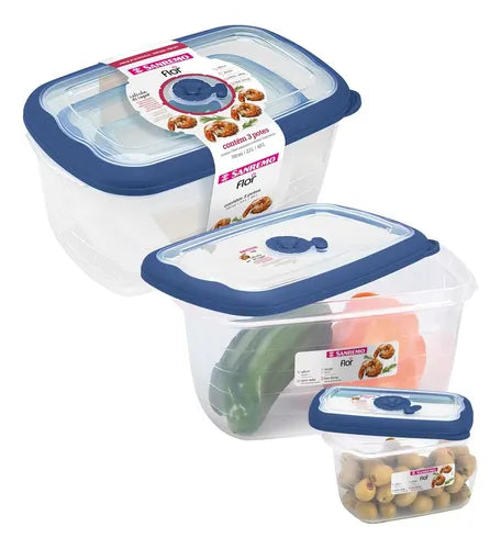 Kit 3 Pote Plástico Hermético Com Tampa Marmita Retangular