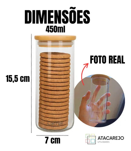 Kit 5 Potes De Vidro Hermético Tampa Bambu Alimentos Grãos