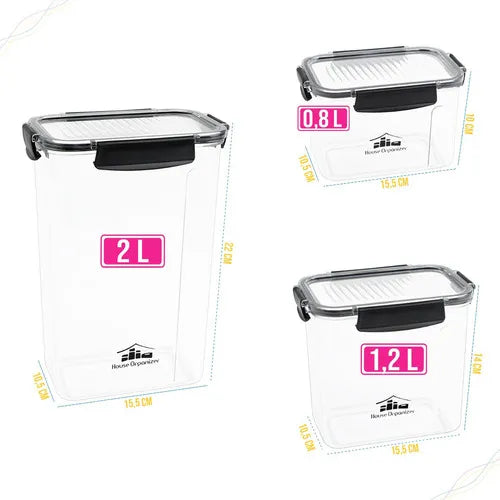 Kit com 10 Potes Herméticos Retangulares Empilháveis com 4 Travas, Porta-Mantimentos e Alimentos, Super Resistentes e à Prova de Vazamento, Ideal para Organizar Cozinha e Armários, House Organizer