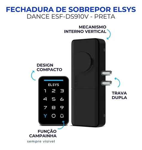 Fechadura Digital Elsys Dance Sobrepor Preta Design