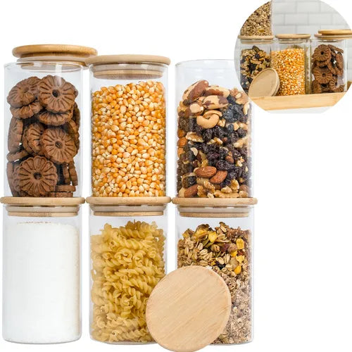 Kit 6 Pote Vidro Hermético Tampa De Bambu 600ml Cozinha