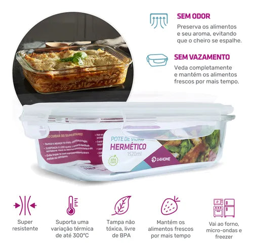 Kit 4 Potes Vidro Hermético Retangular 1520ml Grande Cor Branco Nabox
