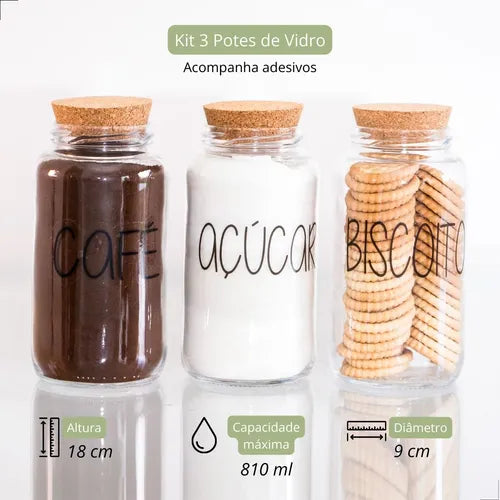 Kit 3 Potes De Vidro 810ml - Tampa De Rolha Cantinho Do Café Cor Café Açúcar Biscoito
