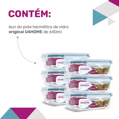 Conjunto 6 Pote Vidro Hermético Marmita Tampa Plástico 640ml U4HOME