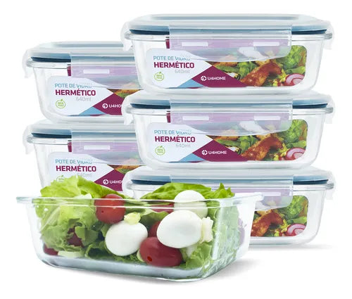 Conjunto 6 Pote Vidro Hermético Marmita Tampa Plástico 640ml U4HOME