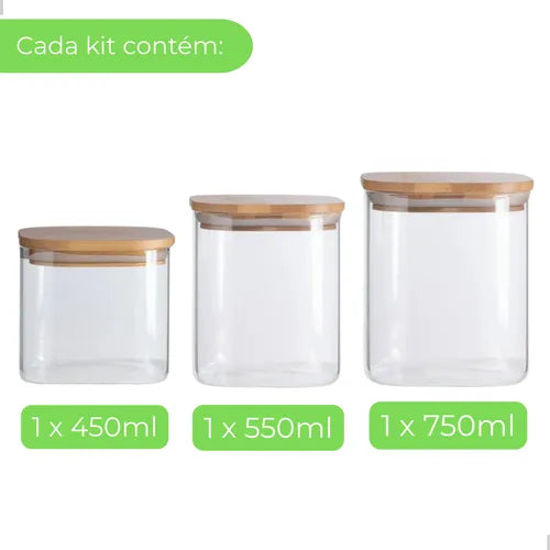 Kit 3 Potes Herméticos De Vidro Mantimentos Com Tampa Bambu