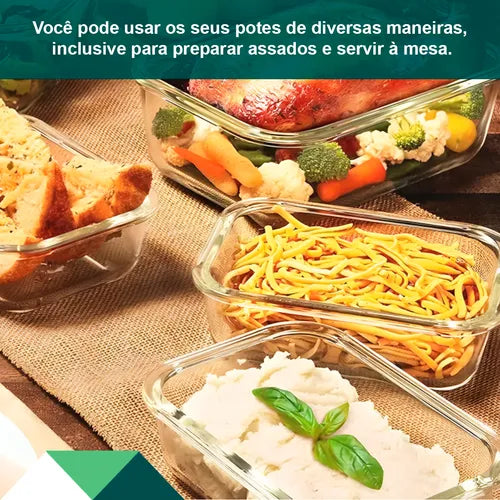 Kit 9 Potes Vidro Hermético Tampa Com 4 Travas Marmita Fit