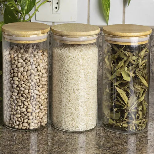 Kit 3 Potes Mantimentos Vidro Herméticos Com Tampa Bambu Condimentos Alimentos Organizadores Empilhável