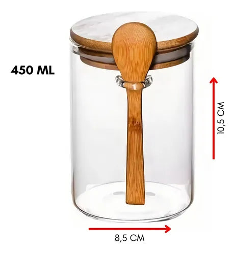 Kit 3 Potes De Vidro Com Tampa E Colher De Bambu Cor Transparente