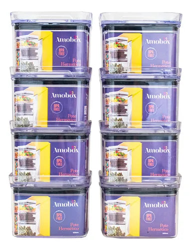 Kit Potes Porta Mantimento Hermético Quadrado Cozinha 8 Unidades 500ml