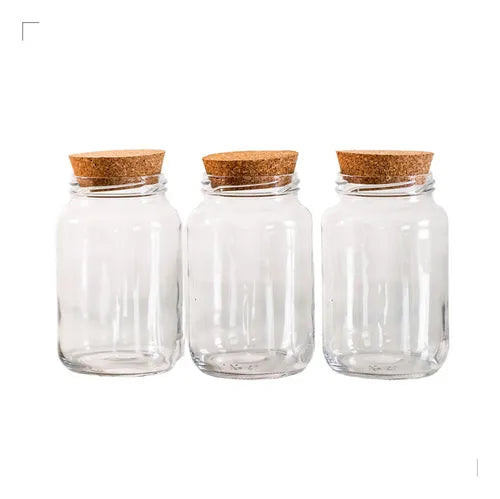 Kit 3 Potes Pequenos De Vidro 600 Ml Com Tampa Cortiça Cor Transparente