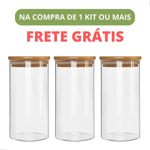 Kit 3 Pote Hermético Vidro Tampa Bambu 1000ml Mantimentos