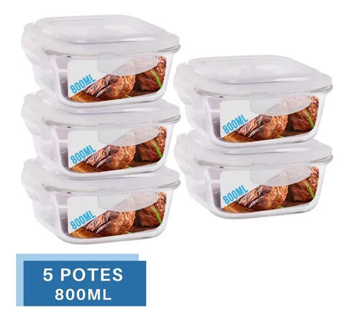 Conjunto 5 Pote Vidro 800ml Hermético Marmita Tampa 4 Travas