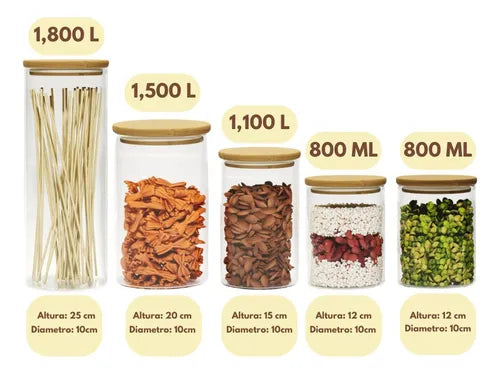 Kit 5 Potes Hermético Em Vidro Tampa Bambu Tamanho Grande
