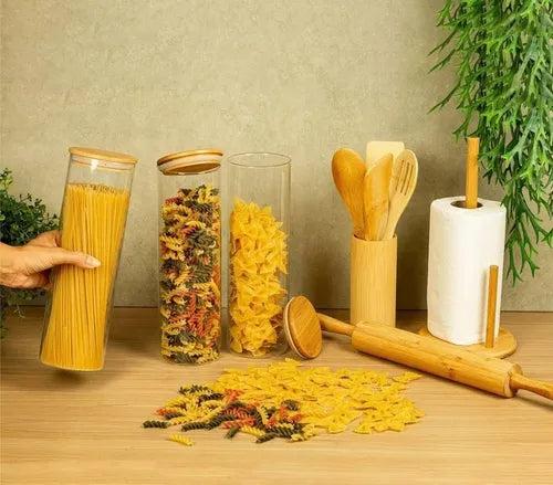 Kit 4 Potes De Vidro Hermetico Tampa De Bambu 1450 Ml