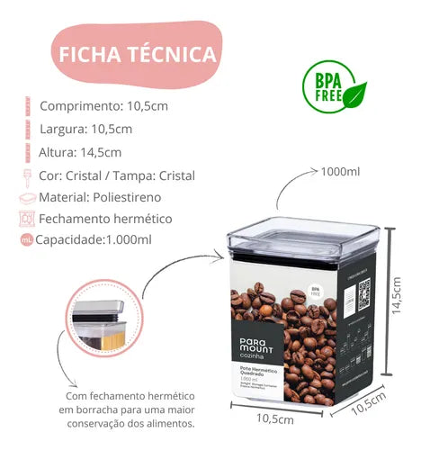Jogo 2 Potes Herméticos Lumini Quadrado 1000ml - Paramount