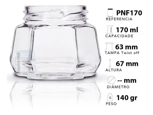 12 Potes De Vidro Sextavado 170ml Com Tampa E Lacre