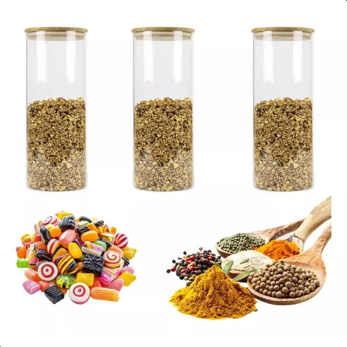 Kit 3 Potes Herméticos De Vidro E Tampa De Bambu 1650ml