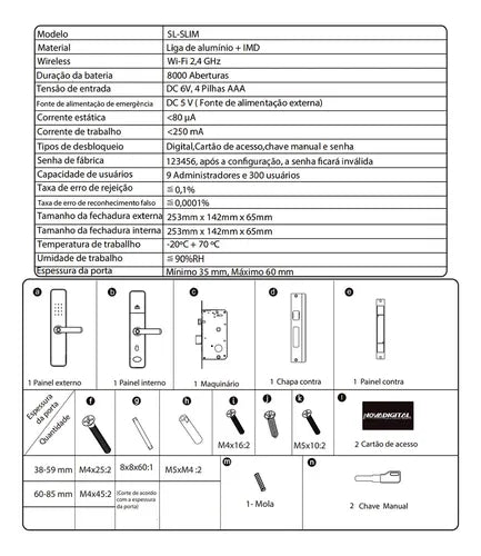 Fechadura Eletrônica Inteligente Wifi Novadigital Slim SL-SLIM Abertura Biometria Cartão Tag SenhaApp Compatível Tuya Smart Life Preta