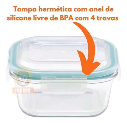 Conjunto 5 Pote Vidro Hermético Marmita 500ml Tampa Quadrado
