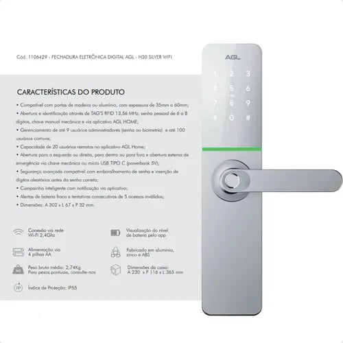 Fechadura Digital AGL H30 Silver Prata Wifi Eletronica Com Aplicativo e Biometria