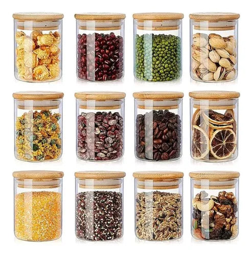 Kit 6 Potes Vidro Tampa Bambu Hermético Temperos 200ml