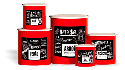 Kit 5 Potes De Mantimentos Plástico Decorado Preto Pb Frases Cor Conjunto Com 5 Verm Pb Frases