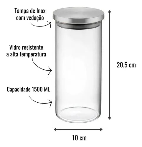 Jogo De Potes Herméticos 1500 Ml 3 Unidades C/ Tampa Inox